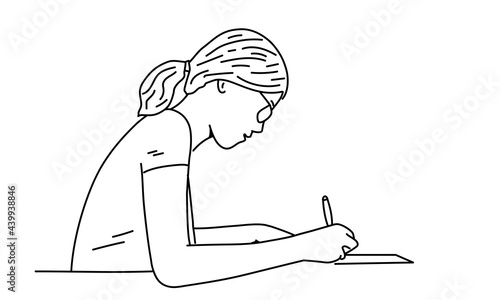 Young woman wearing glasses holding a ballpoint pen and writing on a blank sheet of paper.