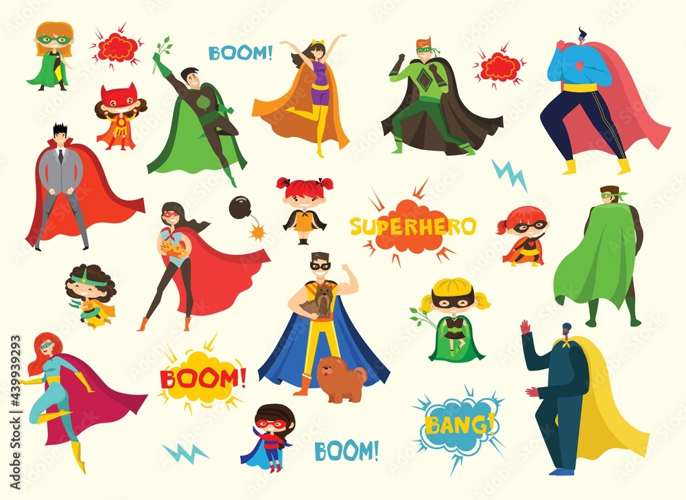 Vector illustrations in flat design of female and male superheroes in funny comics costume Vector illustrations in flat design of female and male superheroes in funny comics costume