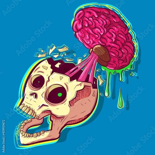 Human zombie skull with a pink brain sticking out of his head and melting. Hip hop wall art and tattoo inspired by graffiti for Halloween. Modern neon background with a cracked cranium.