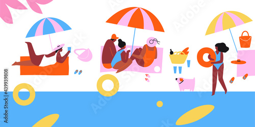 Summer beach people fun resting, swimming and having sunbed. Vector illustration. Peoples sunbathes on the beach on sand. Sea landscape summer beach. Flat cartoon illustration.