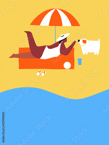 Woman with dog who came to the sea in the summer. Woman, relaxing, sunbathing, drinking cocktails. Summer vacation theme. Rest on the beach. 