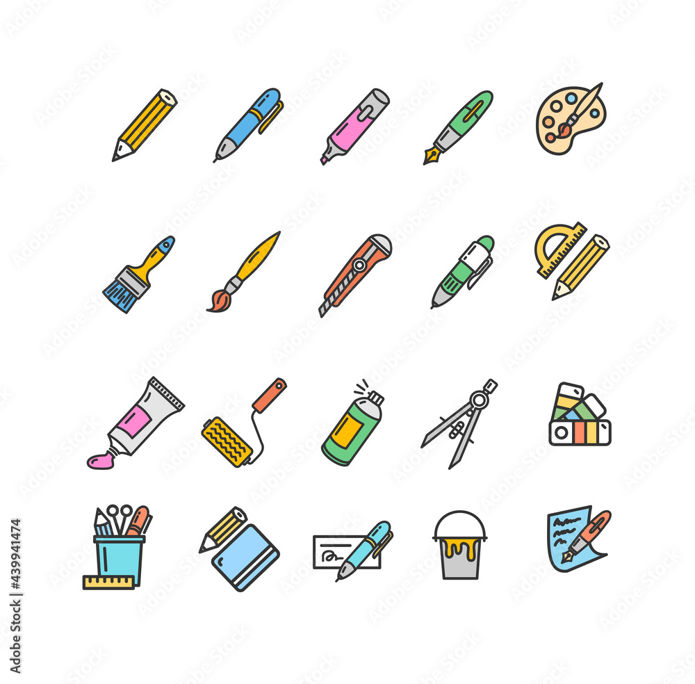 Brushes and Painting Sign Color Thin Line Icon Set. Vector Brushes and Painting Sign Color Thin Line Icon Set. Vector
