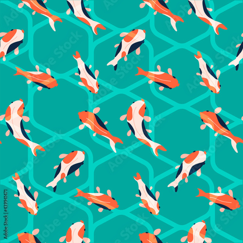 Fish koi background. Hand drawn sea abstract waves seamless pattern. Vector flar fashion illustration.