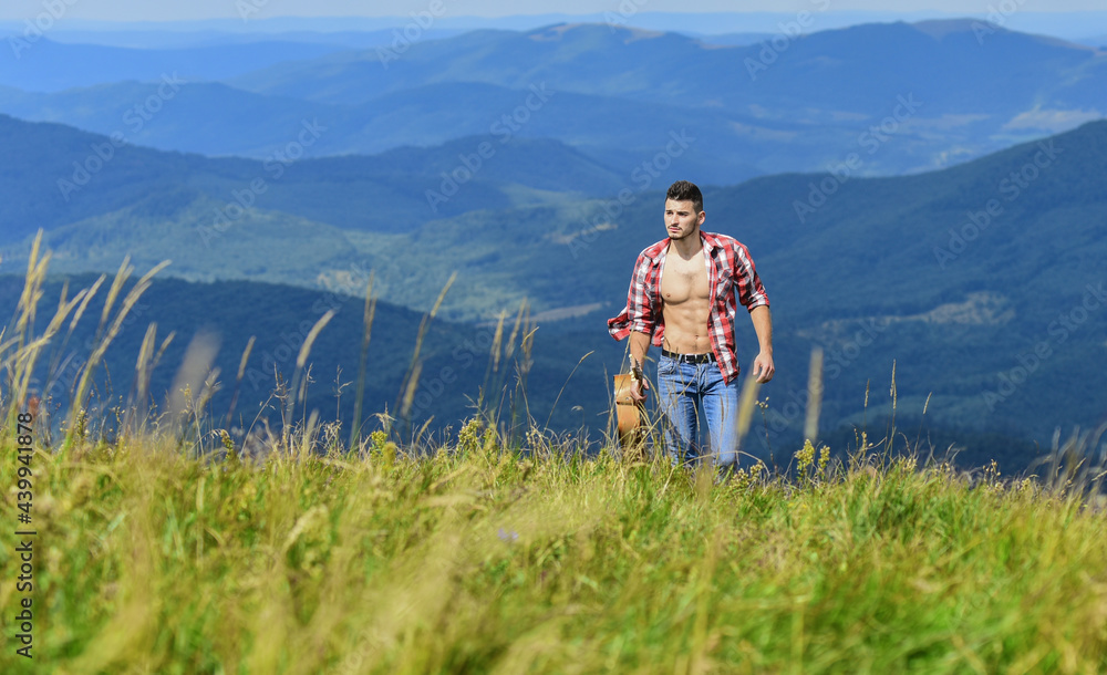 inspiration. sexy man with guitar in checkered shirt. hipster fashion. western camping and hiking. happy and free. cowboy man with bare muscular torso. acoustic guitar player. country music song