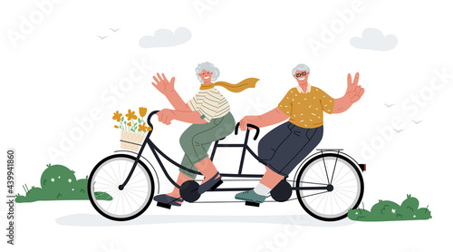 Smiling seniors couple riding tandem,city park,nature.Flat vector illustration.