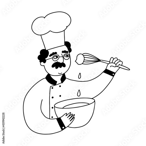 cute illustration of a male baker or chef cooking. Abstract line art person on white background. Print, sticker, card, banner decor. Kitchen, cooking, cuisine theme. EPS 10