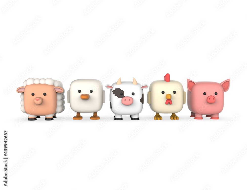 Set cube cute farm animals 3D render models isolated white background. Set cube cute farm animals 3D render models isolated white background.