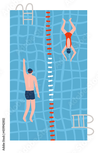 People in swimsuits swiming in the pools. Swimming pool top view flat vector illustration. Male and female athletes go in for sports.
