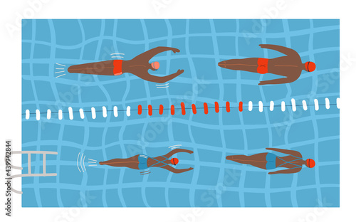 Swimming pool with several swimmers and life buoy in the water. Vector illustration about sport and recreation, healthy life style, fitness, energy, summer activities.