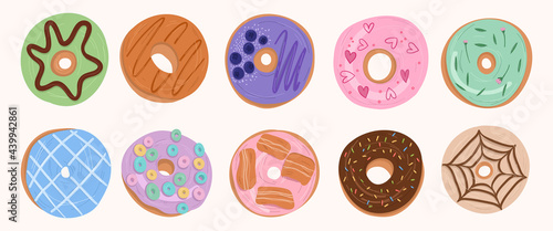 Collection of cute sweet Donuts: chocolate, cereal, bacon, colorful, caramel, blueberry, matcha, coffee.