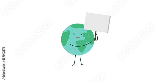 Earth protests with a blank sign, angry.