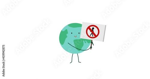 Earth protests with a no human allowed sign, happy.