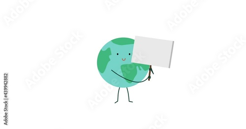 Earth with a blank sign. Happy.