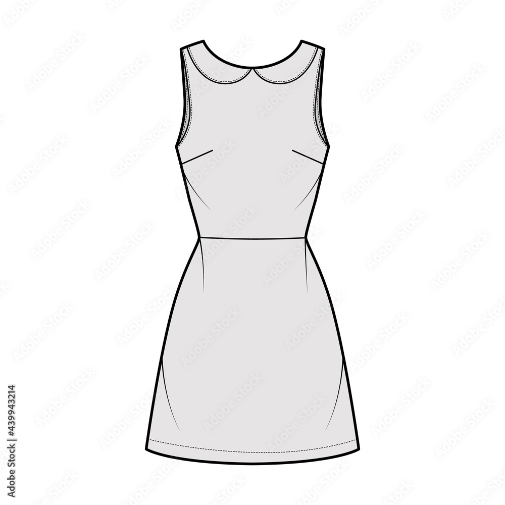 Dress A-line technical fashion illustration with sleeveless, peter pan collar, fitted body, above-the-knee length skirt. Flat apparel front, grey color style. Women, men unisex CAD mockup Dress A-line technical fashion illustration with sleeveless, peter pan collar, fitted body, above-the-knee length skirt. Flat apparel front, grey color style. Women, men unisex CAD mockup