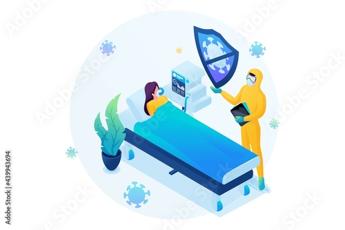 Isometric 3D. Patient With a Viral Infection Lies In a Hospital, Artificial Ventilation Of The Lungs. Web Design