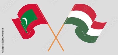 Crossed and waving flags of Maldives and Hungary