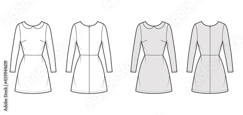 Dress A-line technical fashion illustration with long sleeves, peter pan collar, fitted body, above-the-knee length skirt. Flat apparel front, back, white, grey color style. Women, unisex CAD mockup