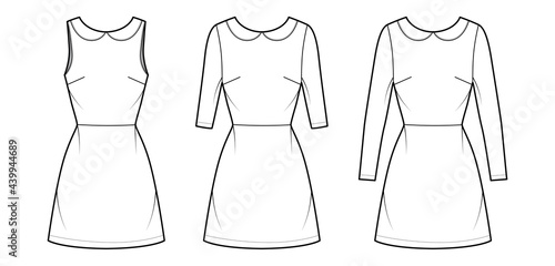 Set of Dresses A-line technical fashion illustration with long elbow short sleeves sleeveless, peter pan collar, fitted body, above-the-knee length. Flat apparel front, white color style. Women CAD