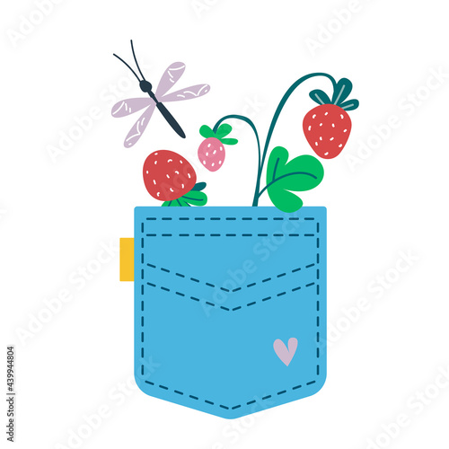 A sprig of strawberries is in the pocket of blue jeans. Vector illustration in cartoon children s style. Isolated funny clipart on a white background. Cute print