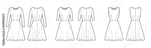 Set of Dresses flared skater technical fashion illustration with long sleeves, fitted body, knee length semi-circular skirt. Flat apparel front, back, white color style. Women, men unisex CAD mockup