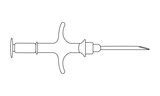 Syringe for pet microchipping in linear style. Veterinarian tool for dog or cat implant procedure. Concept of pets permanent ID. Editable stroke. Vector outline illustration.