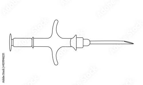 Syringe for pet microchipping in linear style. Veterinarian tool for dog or cat implant procedure. Concept of pets permanent ID. Editable stroke. Vector outline illustration.