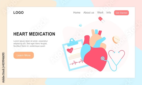 Landing page of modern heart medication, heart disease research concept. Studying heart model, drugs and heartbeat diagram. Vector illustration cardiovascular system, cardiology, medical examination.