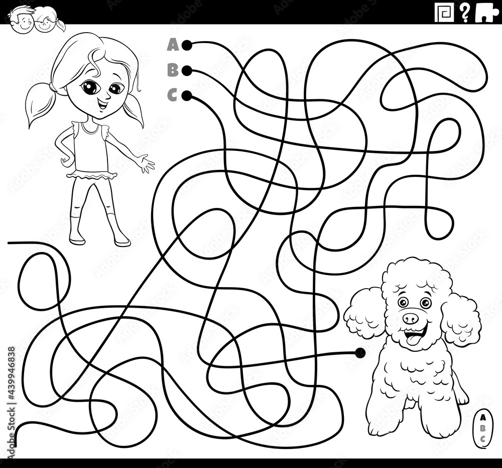 maze with cartoon girl and poodle dog coloring book page