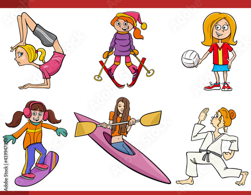 cartoon girls or women and sport disciplines set