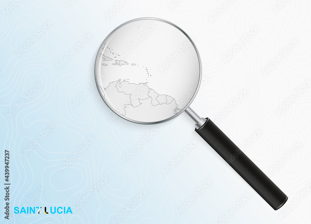 Magnifier with map of Saint Lucia on abstract topographic background. Magnifier with map of Saint Lucia on abstract topographic background.