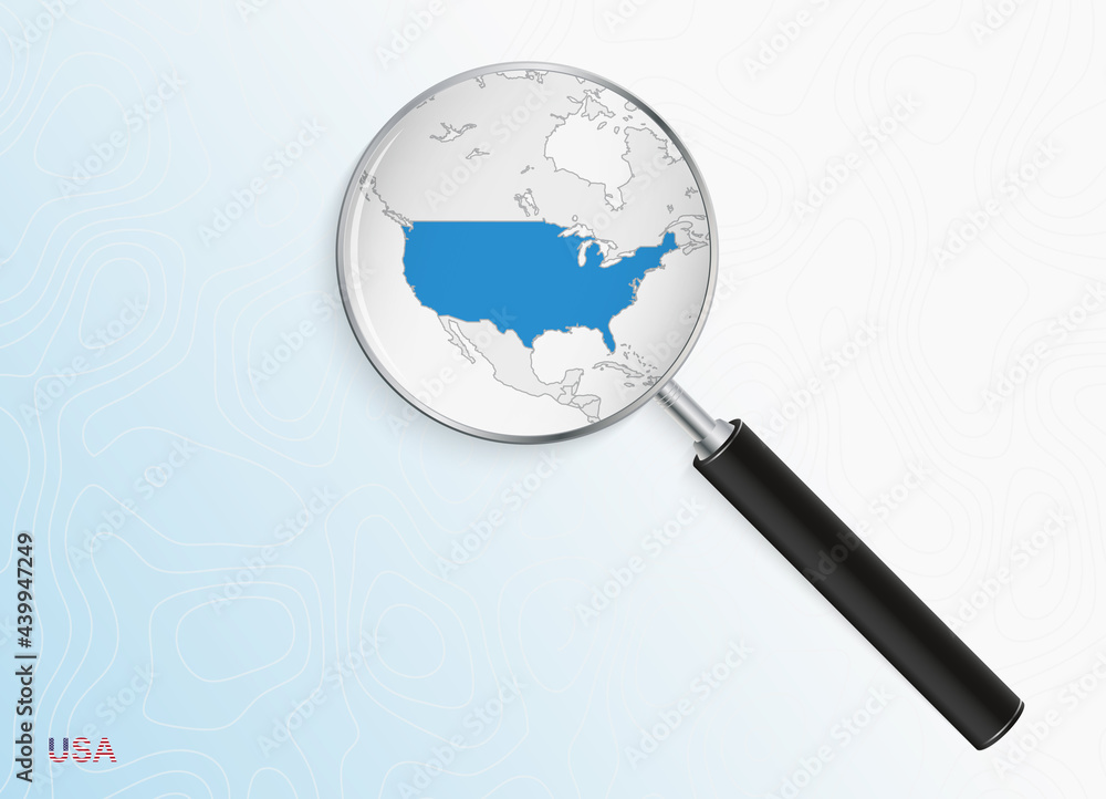 Magnifier with map of USA on abstract topographic background.