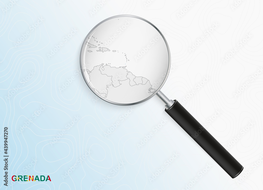 Magnifier with map of Grenada on abstract topographic background. Magnifier with map of Grenada on abstract topographic background.