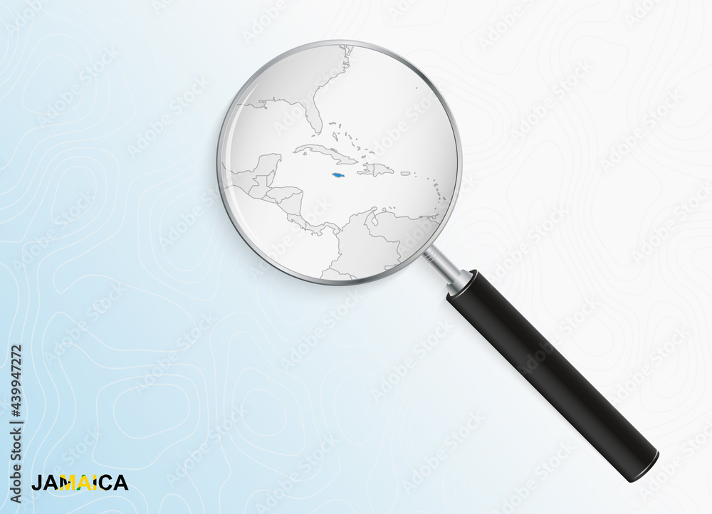 Magnifier with map of Jamaica on abstract topographic background.