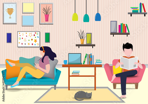 Flat design vector of man read newspaper and woman doing r in home.They are sitting on sofa behind computer with picture.work from home,Freelance,Vector Graphic and workplace concept.
