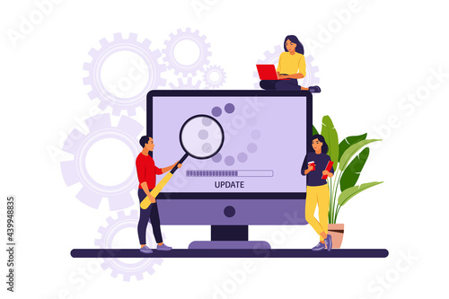 Update concept. Programmers upgrading operation system of computer. Vector illustration. Flat