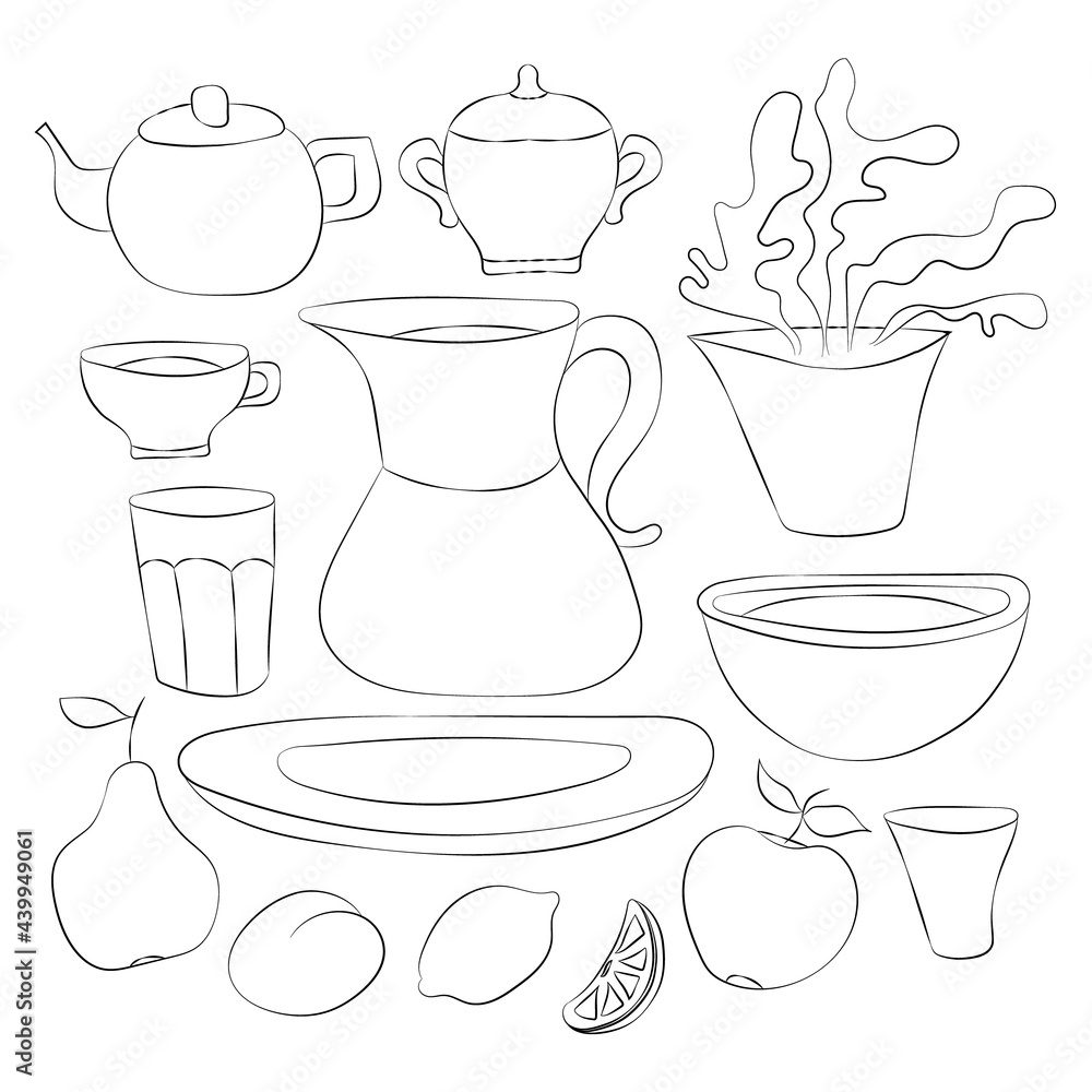 Hand drawn set of kitchen utensils and fruits. Monochrome vector illustration. Hand drawn set of kitchen utensils and fruits. Monochrome vector illustration.