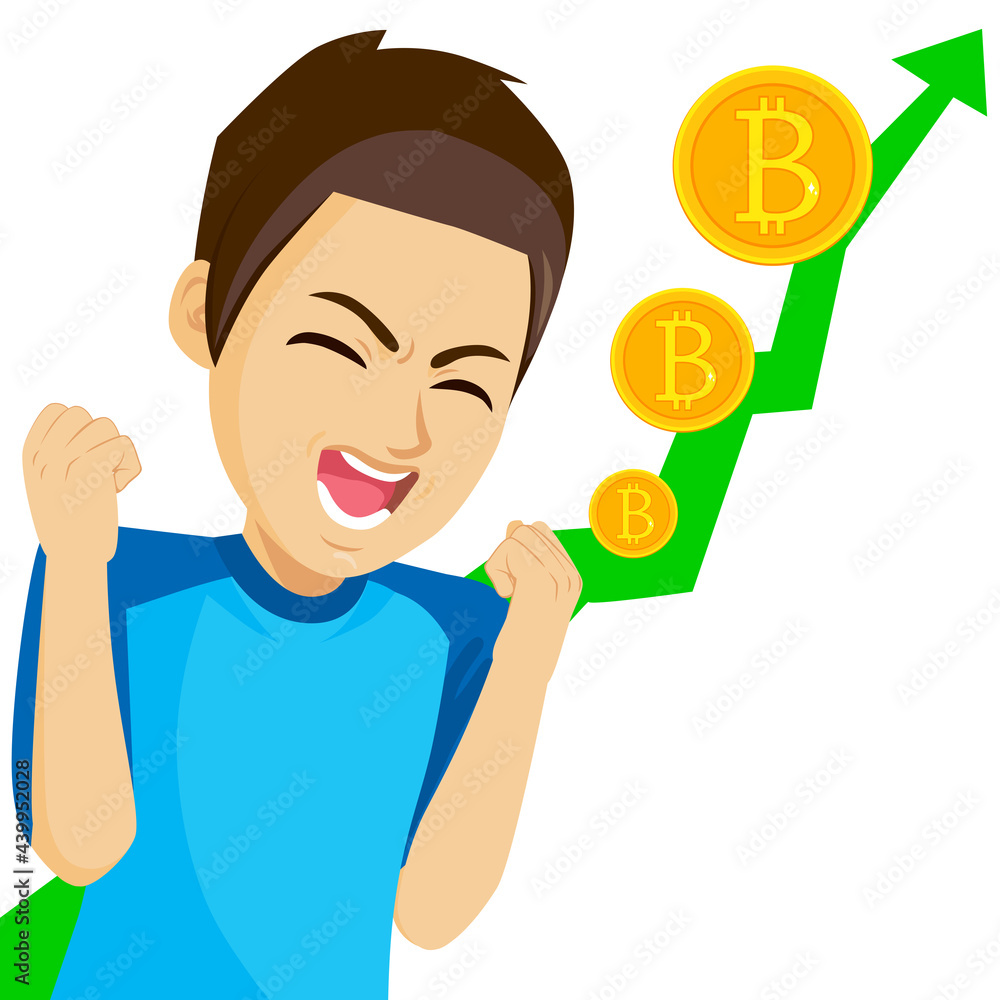 Young happy man excited bitcoin market goes up success concept Young happy man excited bitcoin market goes up success concept