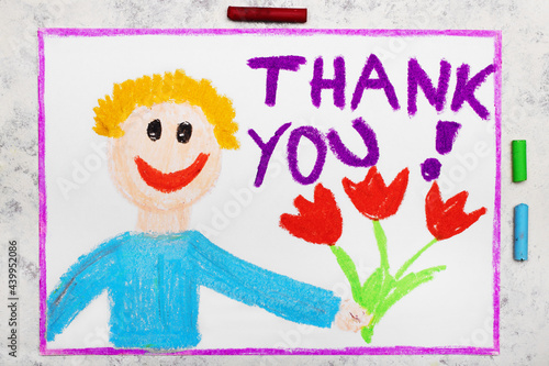 Colorful drawing: Happy man holding a bouquet of flowers. Word THANK YOU