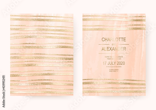 Elegant pink wedding invitation cards with gold foil stripes.