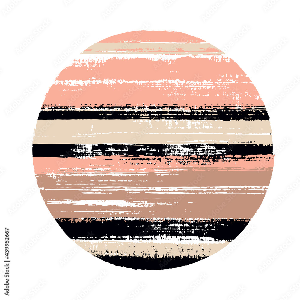 Ragged circle vector geometric shape with stripes texture of ink horizontal lines. Planet concept with old paint texture. Stamp round shape circle logo element with grunge stripes background.