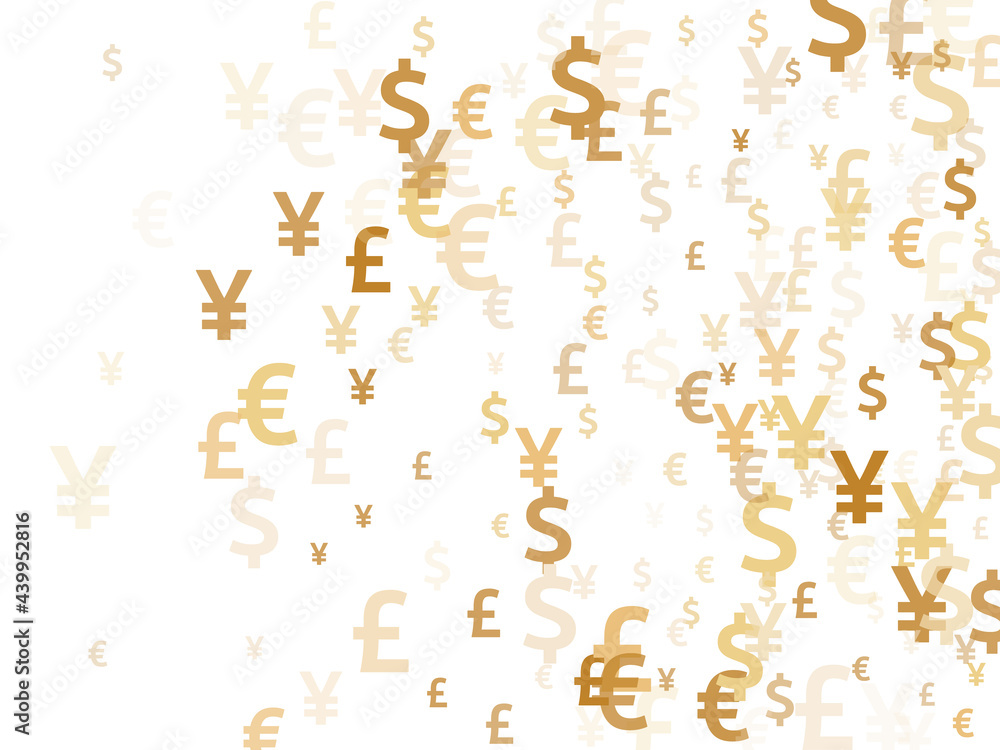 Euro dollar pound yen gold icons scatter currency vector design. Income concept. Currency tokens Euro dollar pound yen gold icons scatter currency vector design. Income concept. Currency tokens