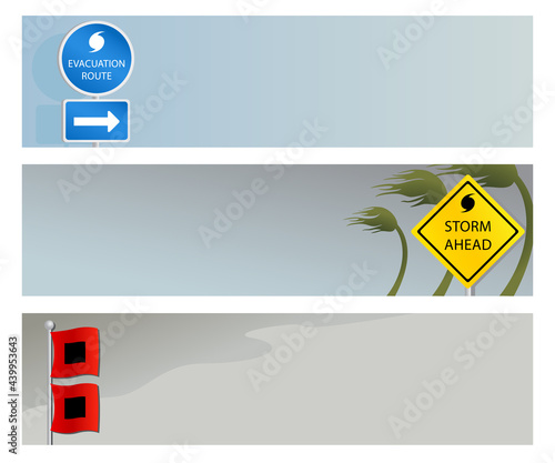 A set of three hurricane or storm related banners, with signs and flags

