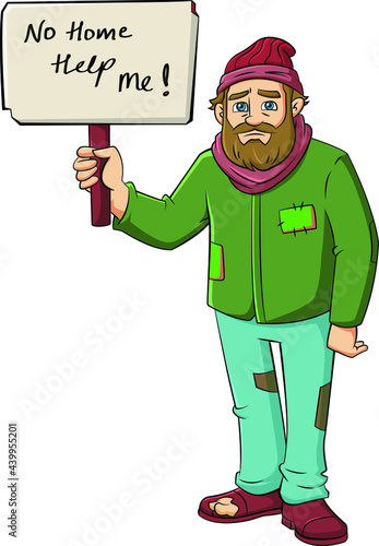 Cartoon vector illustration of a homeless man with sign