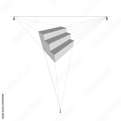 Technical drawing: example of perspective with three vanishing points