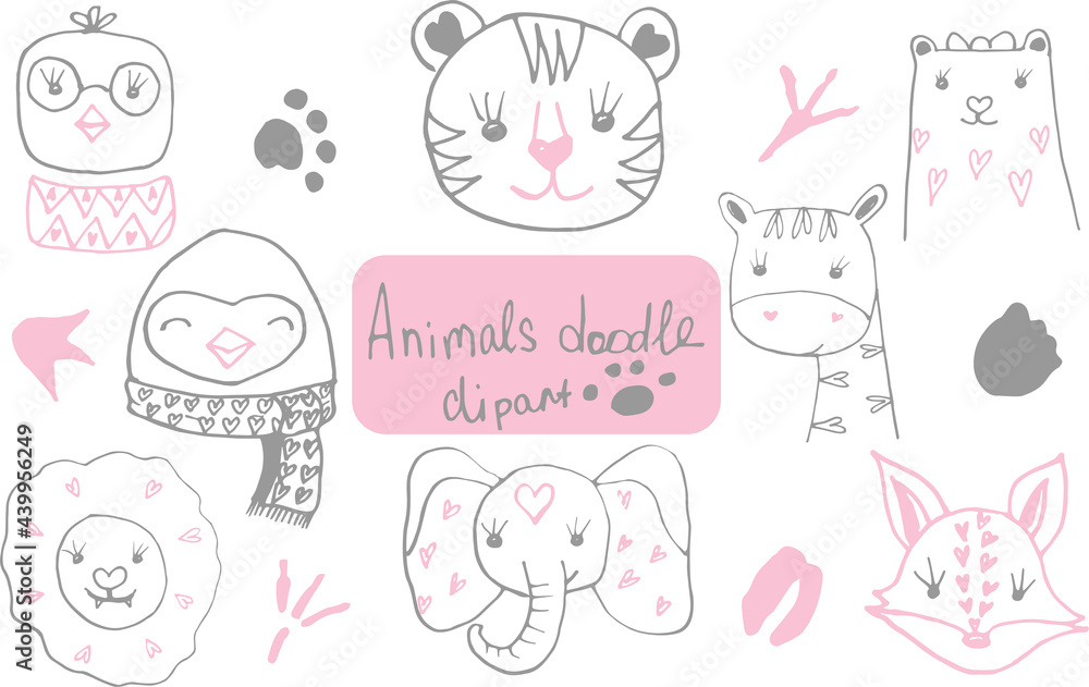 A set of vector animals. Tiger, lion, penguin, elephant, bear, giraffe, fox, bird. Illustration for children.