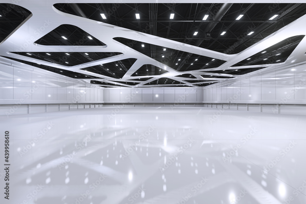 Empty hall exhibition centre.The backdrop for exhibition stands,booth elements.
Conversation centre for the conference.Big Arena for entertainment,concert,event.
Indoor stadium for sport.3D render. - obrazy, fototapety, plakaty 