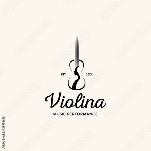 violin with girl silhouette logo icon vector template