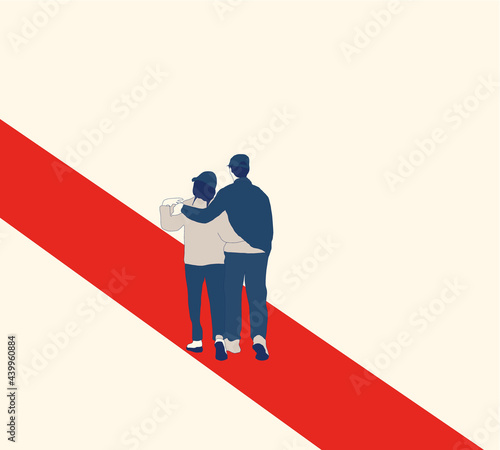 Back view of the young couple walking on the rainy city street. Pop art retro vector illustration kitsch vintage.