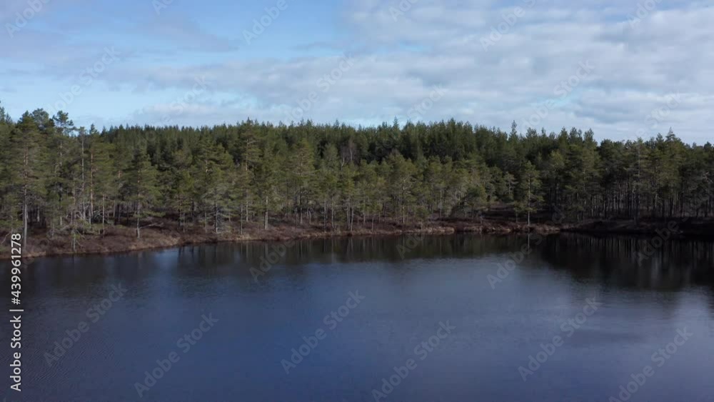 Drone push shot of small Swedish lake revealing vast forests. Drone push shot of small Swedish lake revealing vast forests.