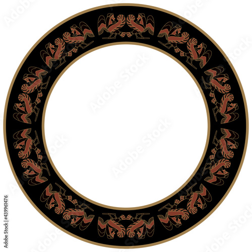 Round ethnic frame with funny male Sirens. Ancient Greek mythology. Bearded winged half man half bird. Fantastic creature.